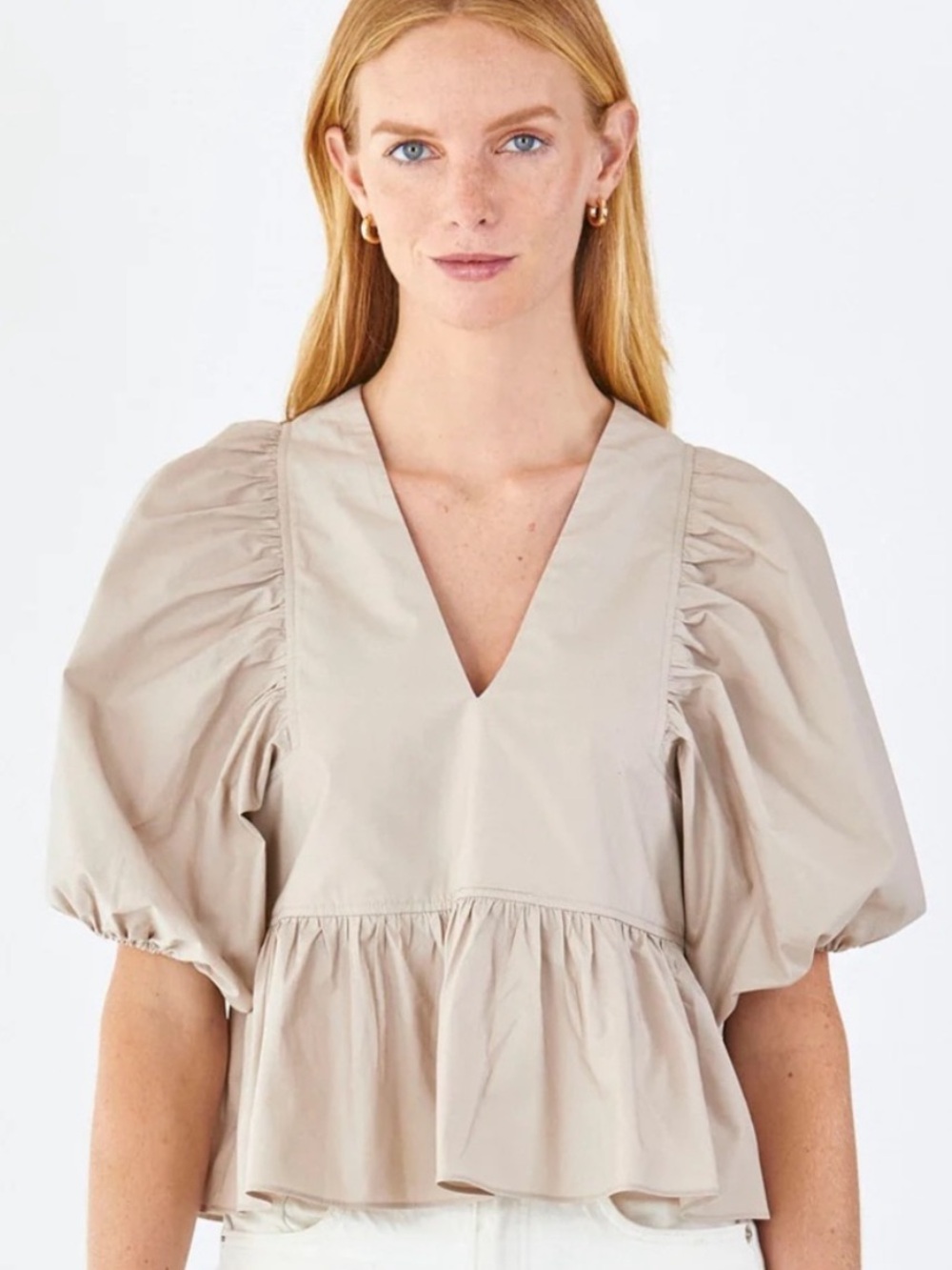 Hunter Bell Landry Top Clay Size Small Puff Sleeve V Neck Prairie Peasant Peplum